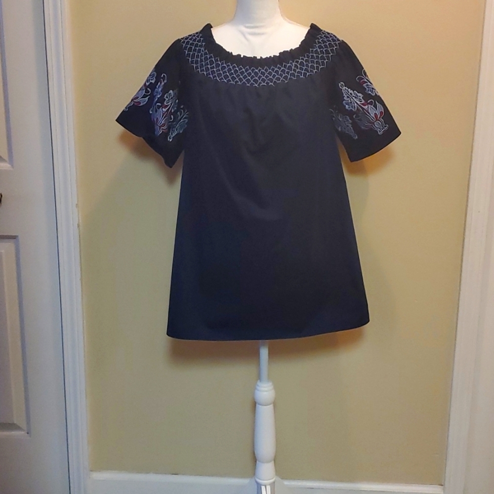 Bleuh Ciel Embroidered Blue Floral Shirt Dress Size Large